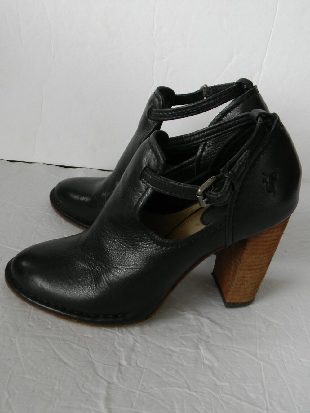 FRYE BLACK LEATHER "MARGARET" SHOOTIE ANKLE WOOD BLOCK HEEL GRANNY BOHO SZ 6.5